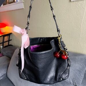Coach Black Leather Shoulder Bag with Cherry Charm